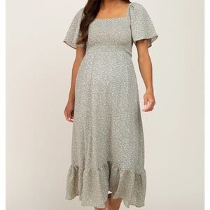 Light Olive Floral Smocked Maternity Midi Dress